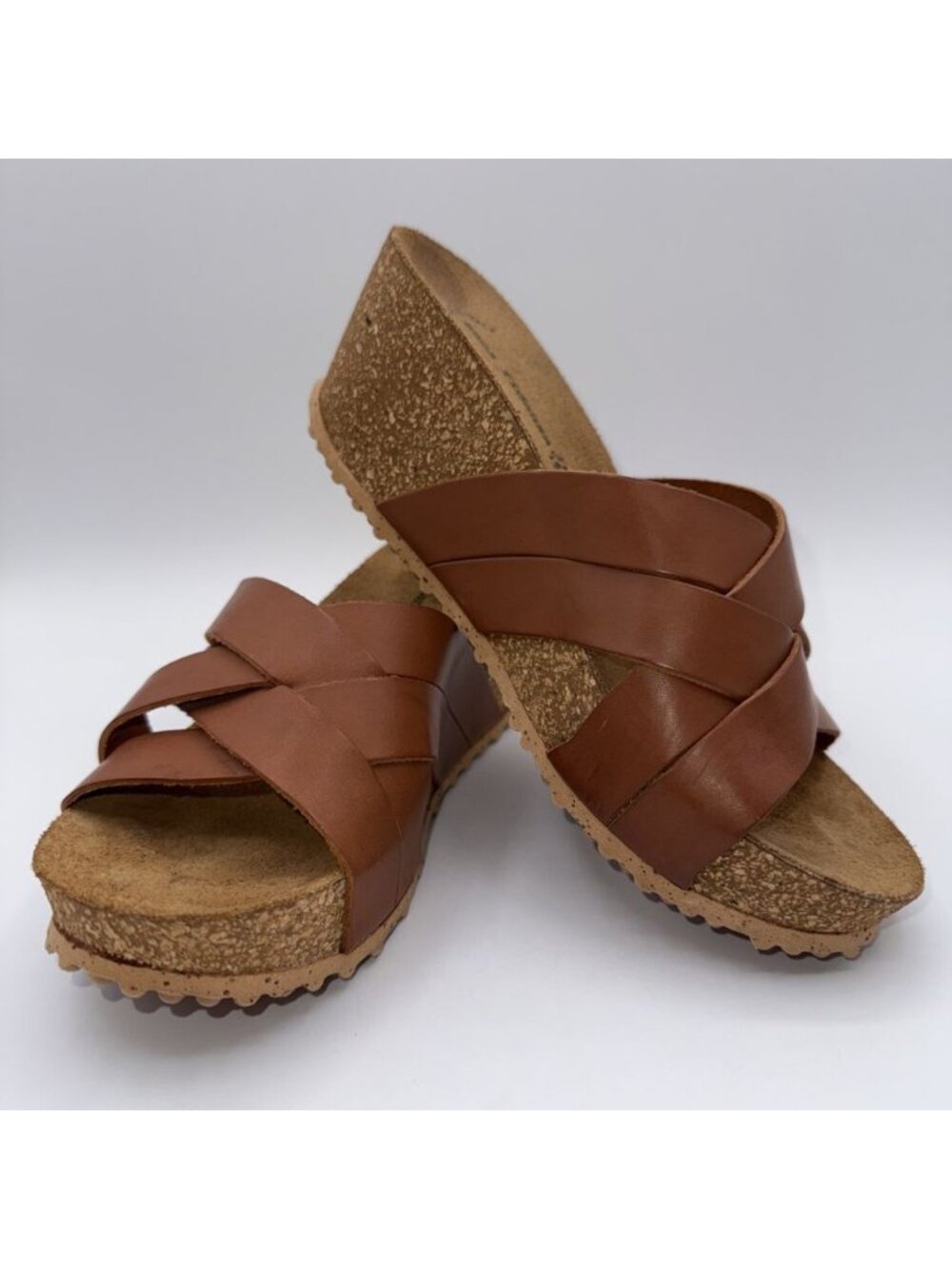 Anna Fidenza Brown Leather Crisscross Wedge Slide Sandals Italy Sz 38/US 7.5-8